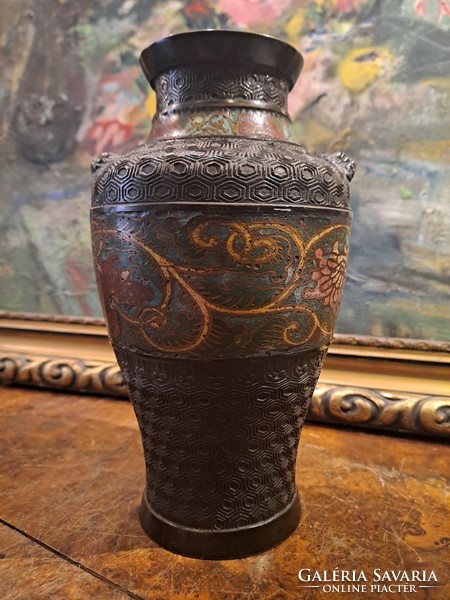 Antique Meiji bronze champleve enamel vase 1880