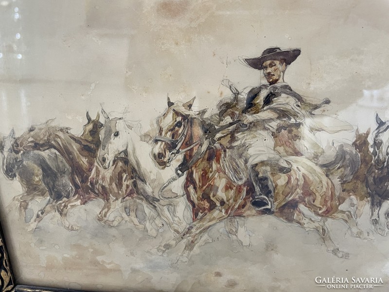 Antik lovas csikós akvarell 1937-ből ismeretlen szignó