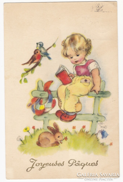 Little girl with bunny and birds - Easter postcard