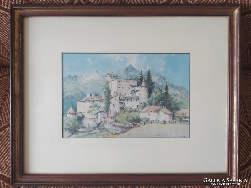Szignált festmény - Várkastély hegyi tájban, eredeti üvegezett keretében, hibátlan,  48 x 38 cm