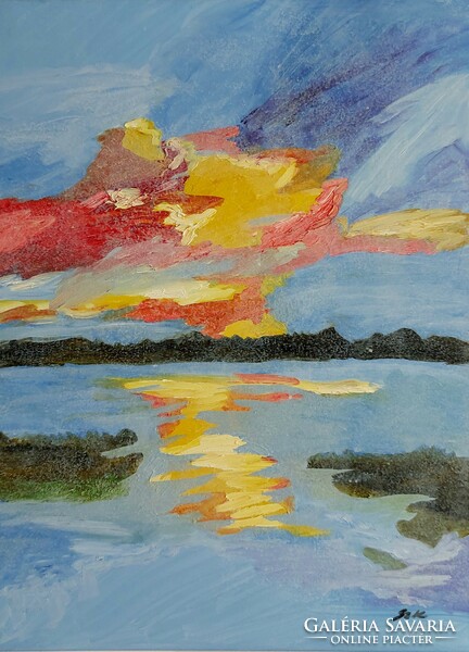 Kata Szabo: "sunrise on the waterfront" oil painting, material on canvas, size 70 x 50 cm, signed