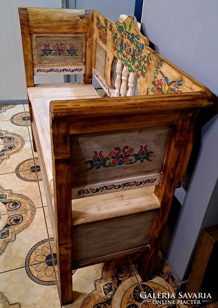 Folk painted wooden chest with arms, chest of arms, wooden bench with opening arms storage bench horse