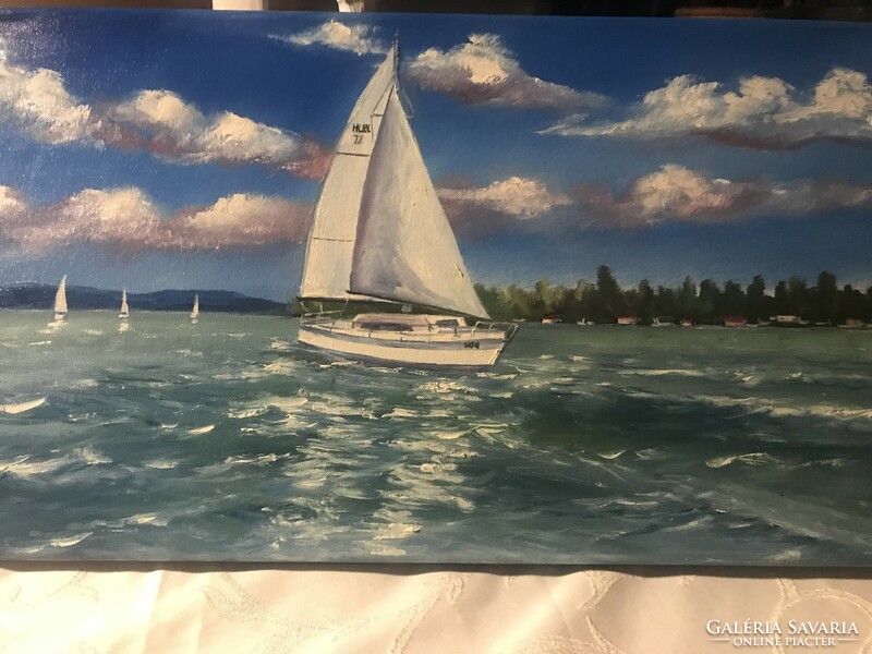 Papp elf: Balaton sailboats, oil painting 30 x 60 cm