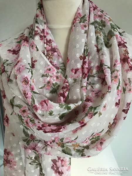 Floral stole with small silk dots and pink flowers, 180 x 75 cm