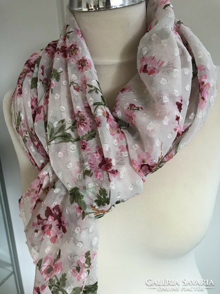 Floral stole with small silk dots and pink flowers, 180 x 75 cm