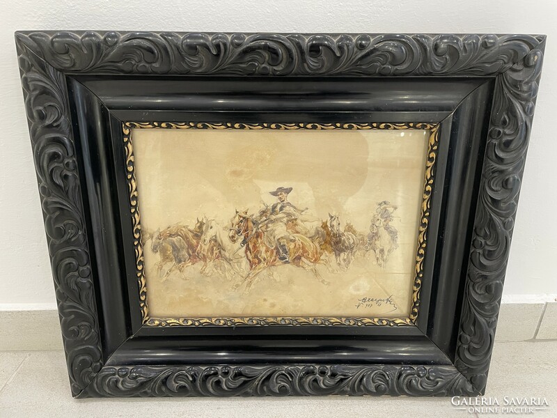 Antik lovas csikós akvarell 1937-ből ismeretlen szignó