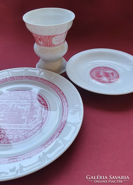 Heinrich Rüdesheim német porcelán látképes reggeliző szett csésze csészealj kistányér tányér