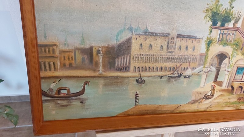 Gyönyörű velencei városrészlet festmény 77x53 cm kerettel.
