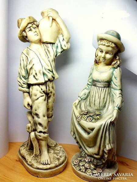 Flemish boy-girl, large-sized burnt plaster glazed statue pair, unique rarity