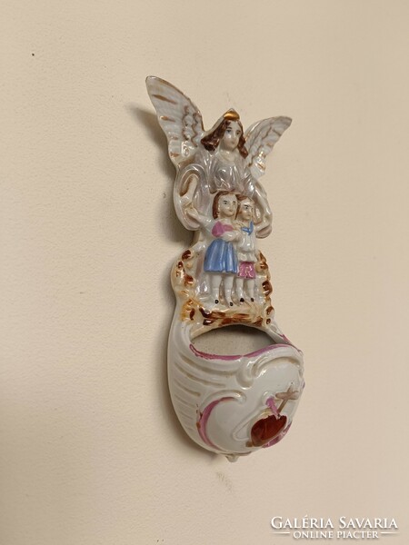 Antique holy water container 19th - 20th century biscuit porcelain Christian guardian angel wall angel 8391