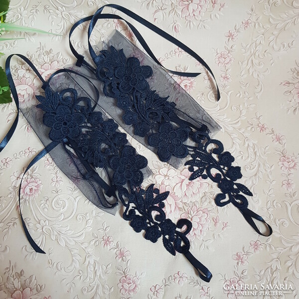 Wedding kty87 - embroidered dark blue lace gloves that can be hung on 28cm fingers