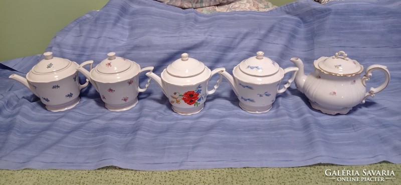 5 Zsolnay teapot, poppy, blue flower, small flower. Elf-eared + baroque
