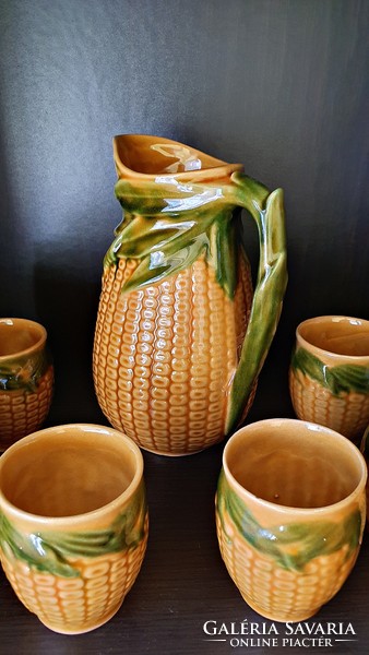 Corn pattern, old ceramic, retro, wine jug, with 6 glasses. Complete wine set