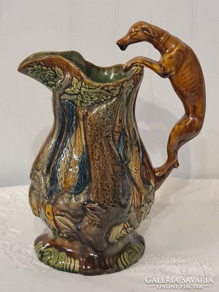 Extra rare antique hunting majolica jug with hunting vizsla ferdinand gerbing