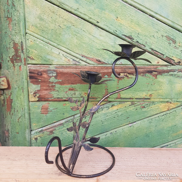 Wrought iron two-prong candle holder