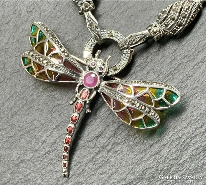 Dragonfly pendant/brooch, large, ruby, marcasite sterling silver 925 - new handcrafted jewelry!