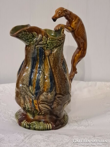 Extra rare antique hunting majolica jug with hunting vizsla ferdinand gerbing