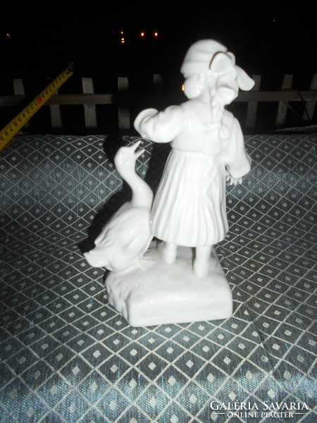 Herend white porcelain girl feeding a goose