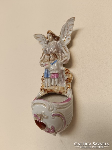Antik szenteltvíztartó 19. - 20. század biszkvit porcelán keresztény őrangyal angyal fali 8391