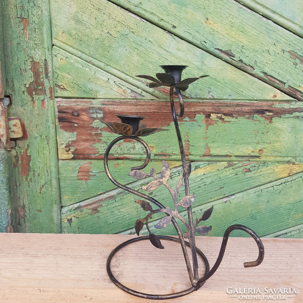 Wrought iron two-prong candle holder