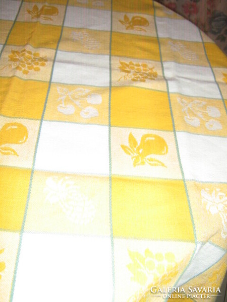 Charming yellow and white checkered fruity woven fringe tablecloth