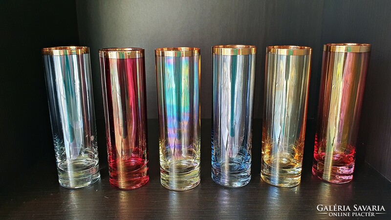 6 Pcs. Old, retro rövd drinking, liqueur, iridescent, colored glass glass.