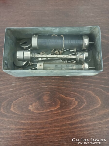 Antique medical device large syringe 2 glass collection box measuring cannula more.