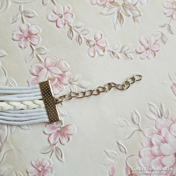 New, white artificial leather bracelet with metal decorations - dove, love, heart