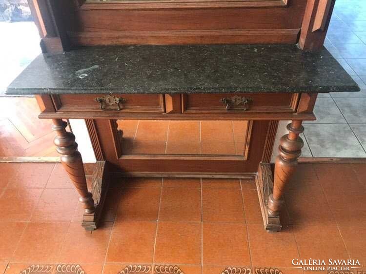 Restored pewter chest of drawers with marble top, column and mirror