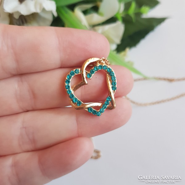 New turquoise rhinestone double heart-shaped pendant bijou necklace