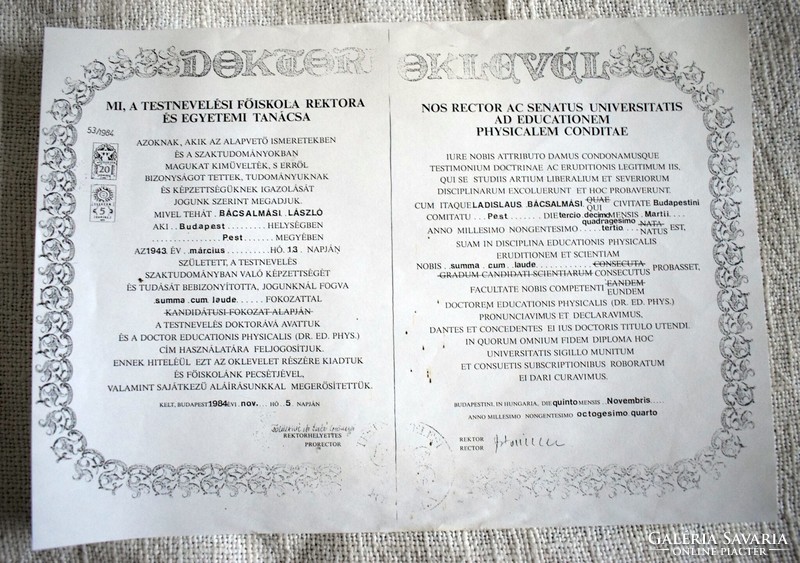 Doktori summa cum laude oklevél atlétika testnevelés dr. Bácsalmási Péter 1978 1984 illeték bélyeg