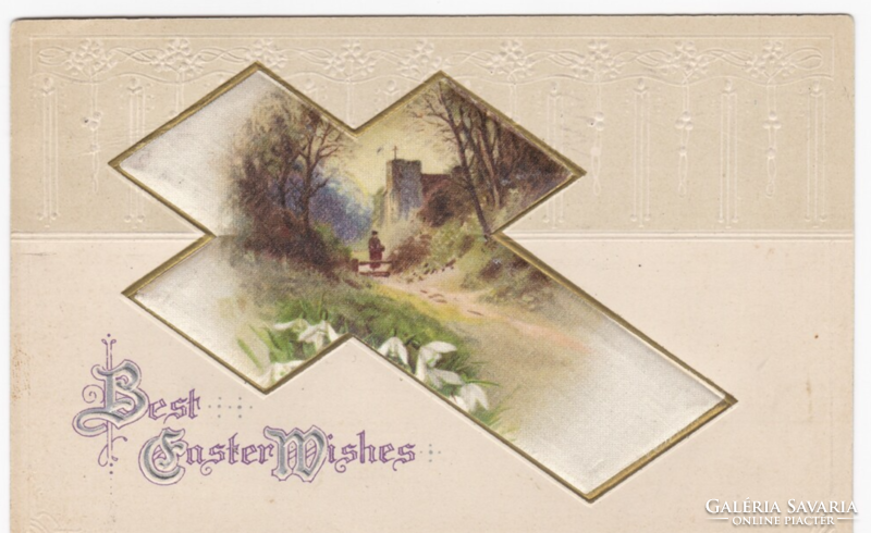 Easter greetings - textile insert, embossed postcard from 1917