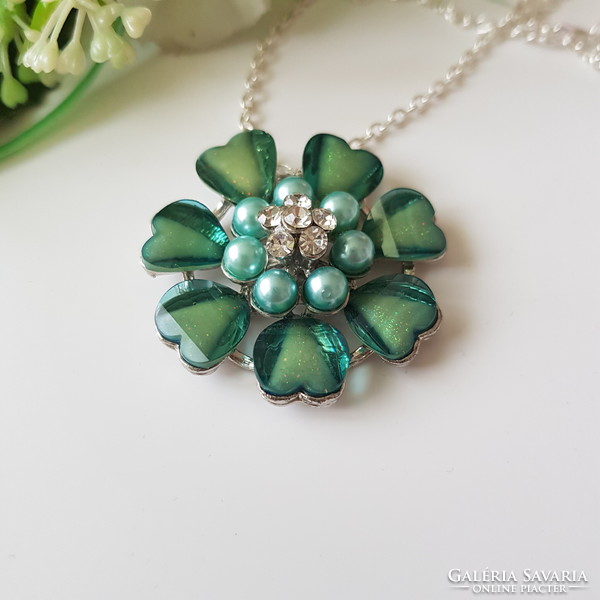 New flower-shaped necklace with rhinestones, blue pearls and green stones, bijoux