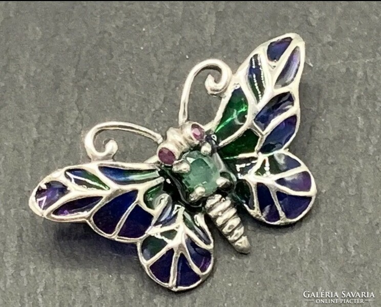Butterfly/butterfly silver brooch, ruby/emerald, marcasite and fire enamel silver /925/ --new