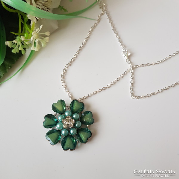 New flower-shaped necklace with rhinestones, blue pearls and green stones, bijoux