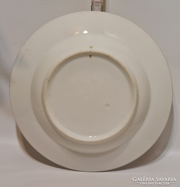 Színes virággirland mintás, kék, sárga csíkos porcelán falitányér (2930)