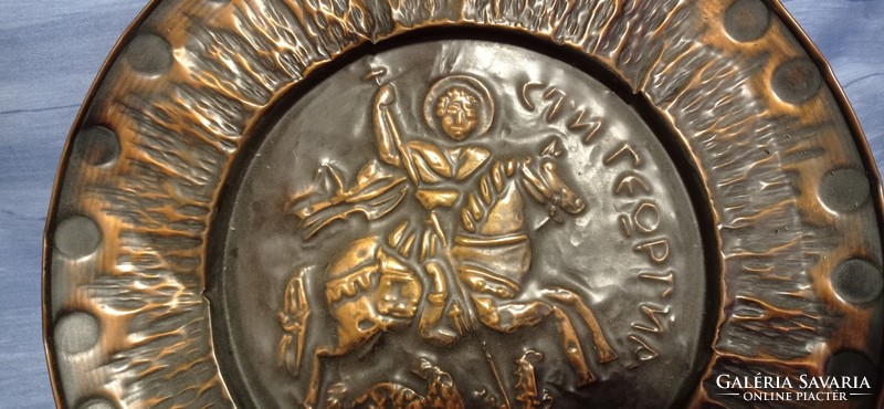 Saint George and the dragon. Wall bowl metal bowl.