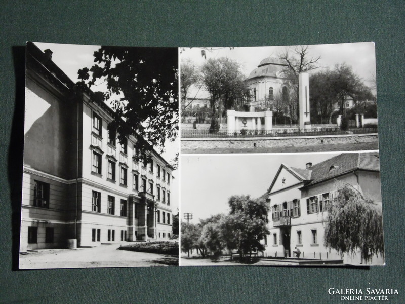 Postcard, aszod, mosaic details, boys' educational institute, heroic monument, church, Podmaniczky Castle