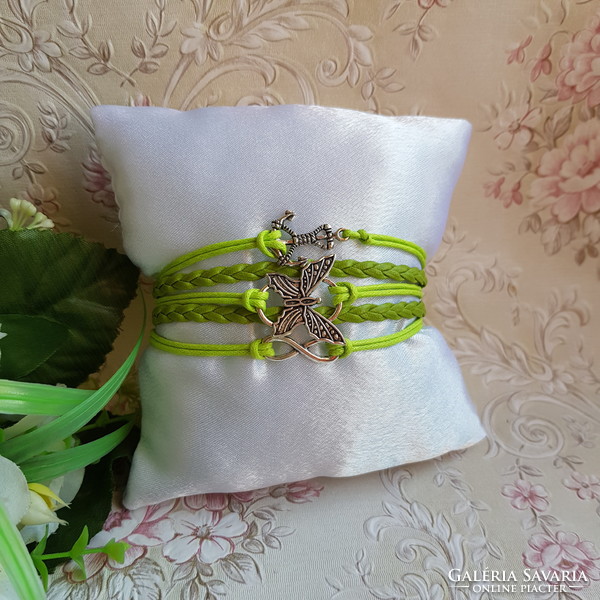 New, green faux leather bracelet with metal decorations - butterfly, infinity sign, anchor