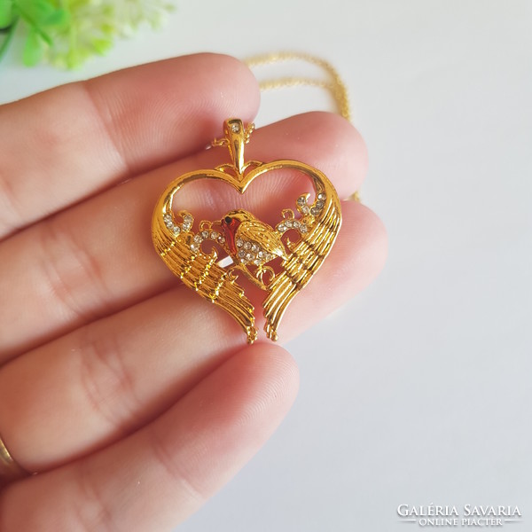 New, rhinestone heart-shaped, bird-decorated bijou necklace