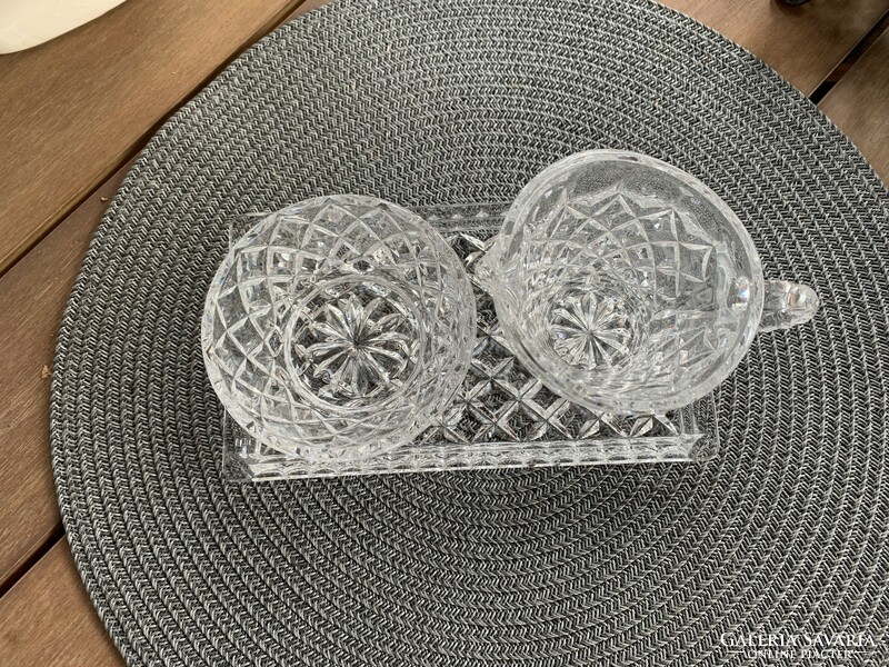 Bohemia diamond pattern Czech crystal milk jug, sugar holder, tray, elegant set, flawless