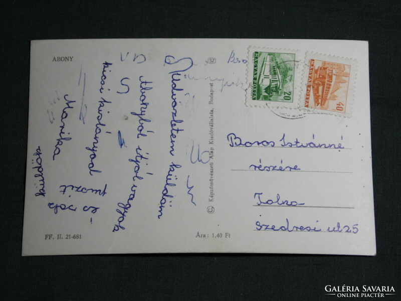 Postcard, abony, mosaic details, Italian lavatka mansion, Mávaut bus stop, beach, school