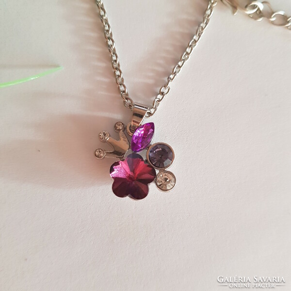 New, purple rhinestone flower necklace with crown pendant