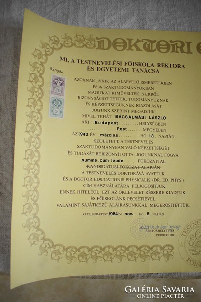 Doctoral summa cum laude diploma athletics physical education dr. Péter Bácsalmási 1978 1984 tax stamp