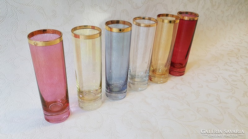 6 Pcs. Old, retro rövd drinking, liqueur, iridescent, colored glass glass.