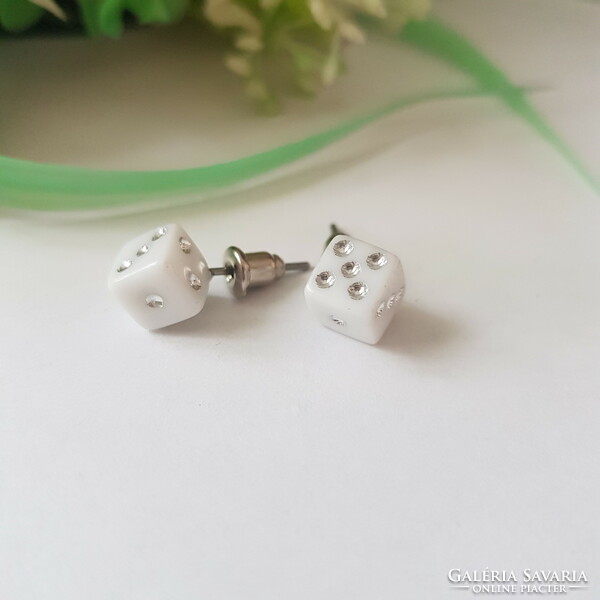 New, white, dice-shaped earrings, bling