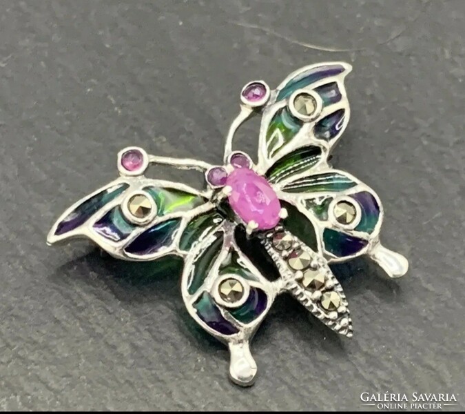 Butterfly silver brooch, with ruby, marcasite and fire enamel silver /925/ --new