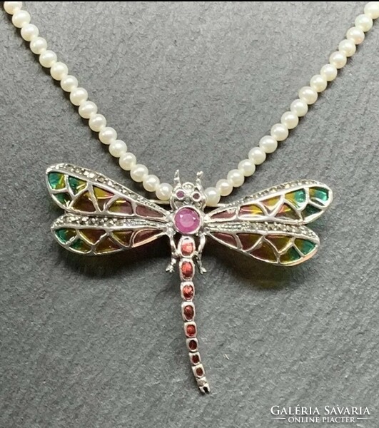 Dragonfly pendant/brooch, large, ruby, marcasite sterling silver 925 - new handcrafted jewelry!