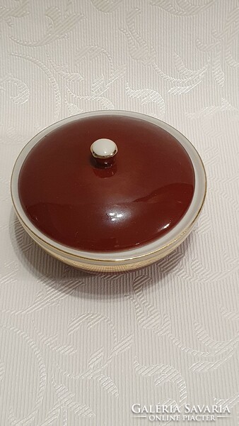 Old, Raven House, round, red-brown bonbonnier, 8.5 cm. With diameter.