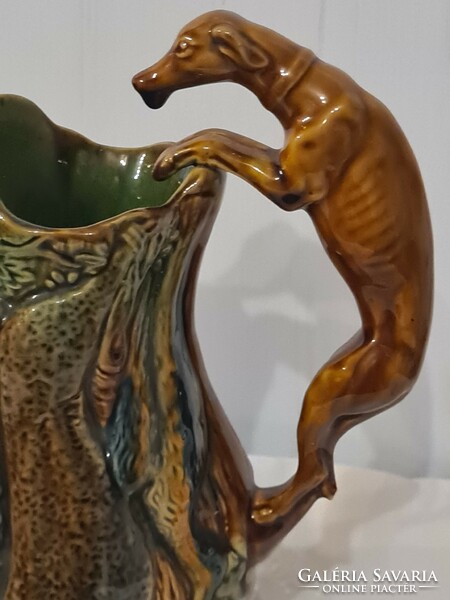 Extra rare antique hunting majolica jug with hunting vizsla ferdinand gerbing